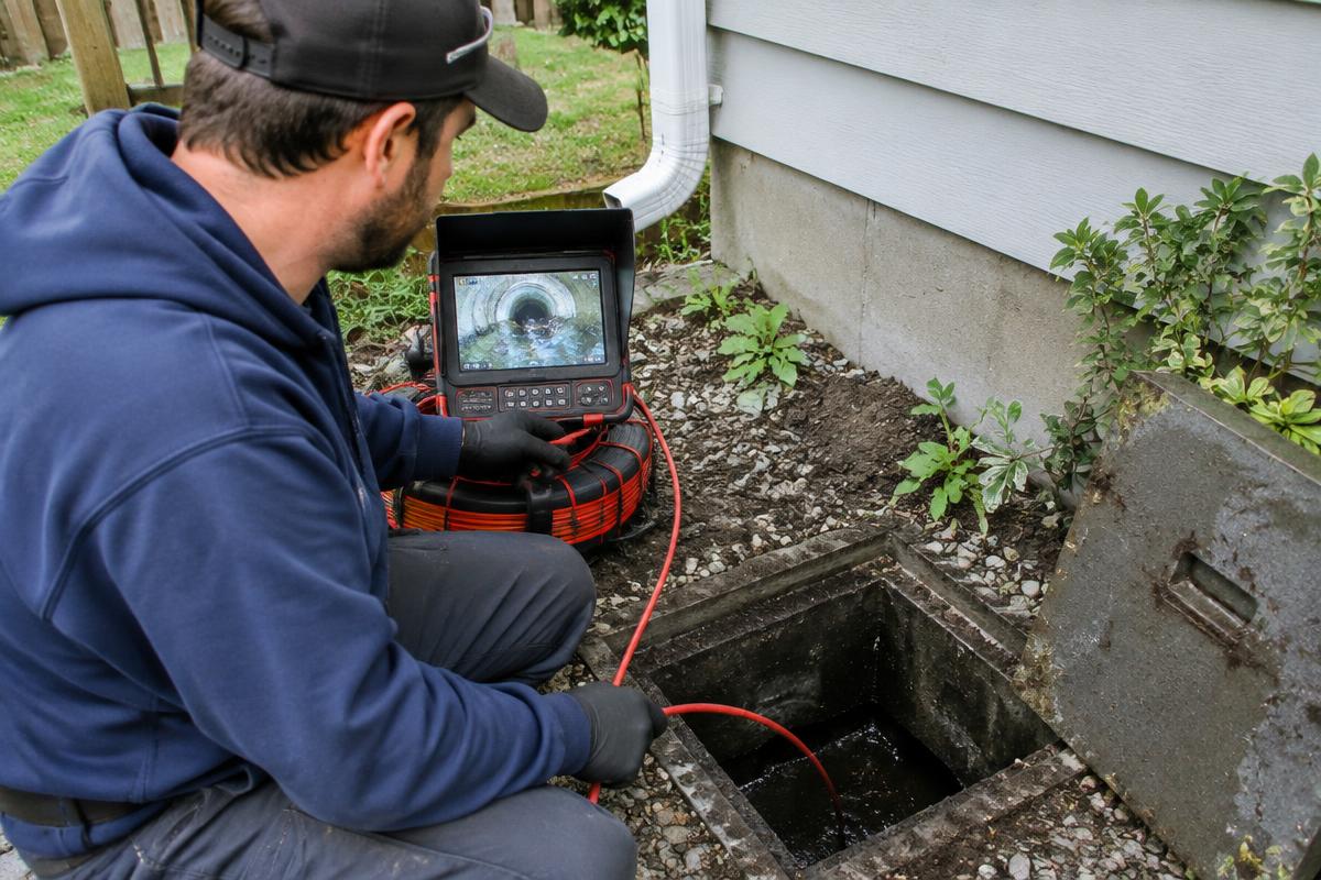 Plumber inspecting a blocked drain with a drain camera at an outdoor pit