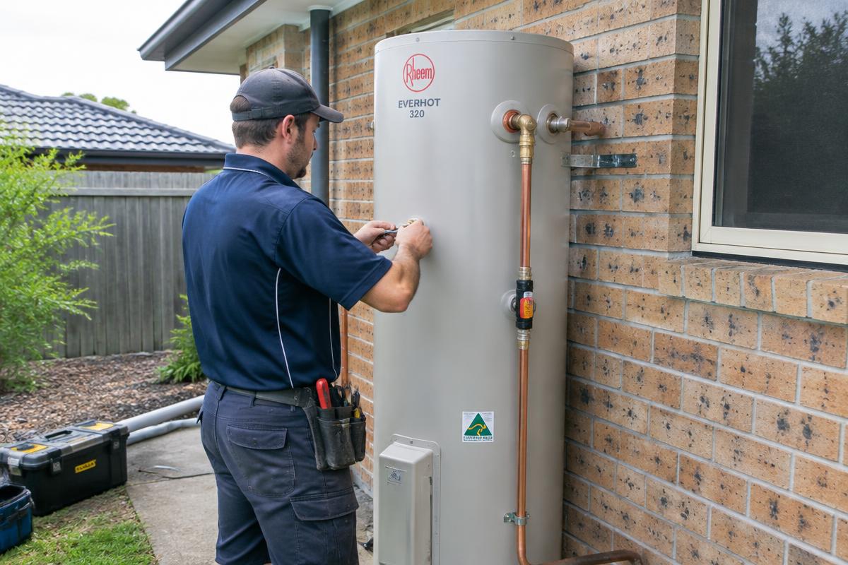 Plumber servicing an electric storage hot water system on a brick wall