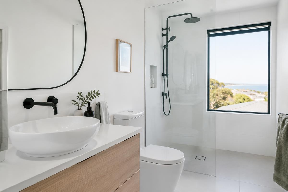 Renovated bathroom with matte black tapware and walk-in shower