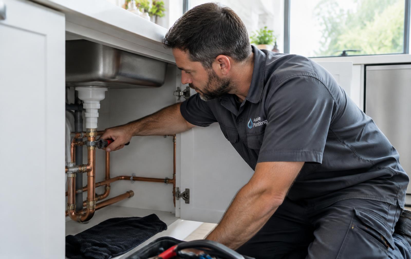 A4plumbing plumber repairing copper pipes under a kitchen sink